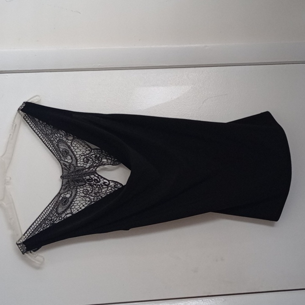 Like New, Large, scoop neck dressy black tank with Platinum butterfly lace back